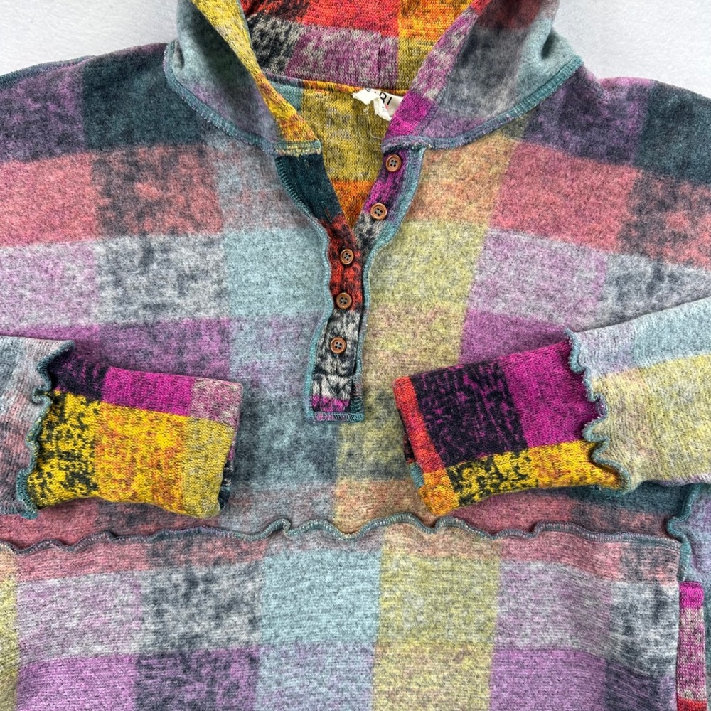 BIBI Womens Large Multicolor Plaid Patchwork Henley Oversized Hoodie Sweater - Picture 3 of 15